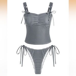Black & White Gingham Tie-Shoulder Tankini Set